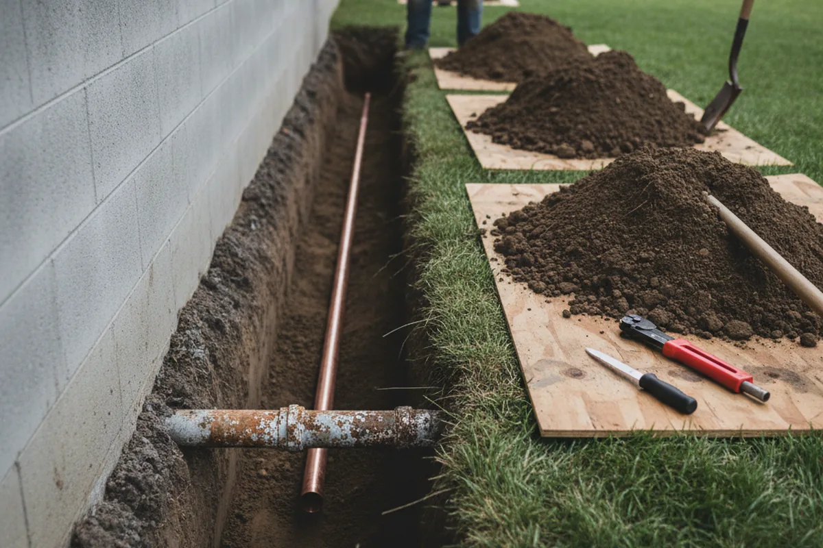 Excavated water line trench during Water Softener Installation in Braham